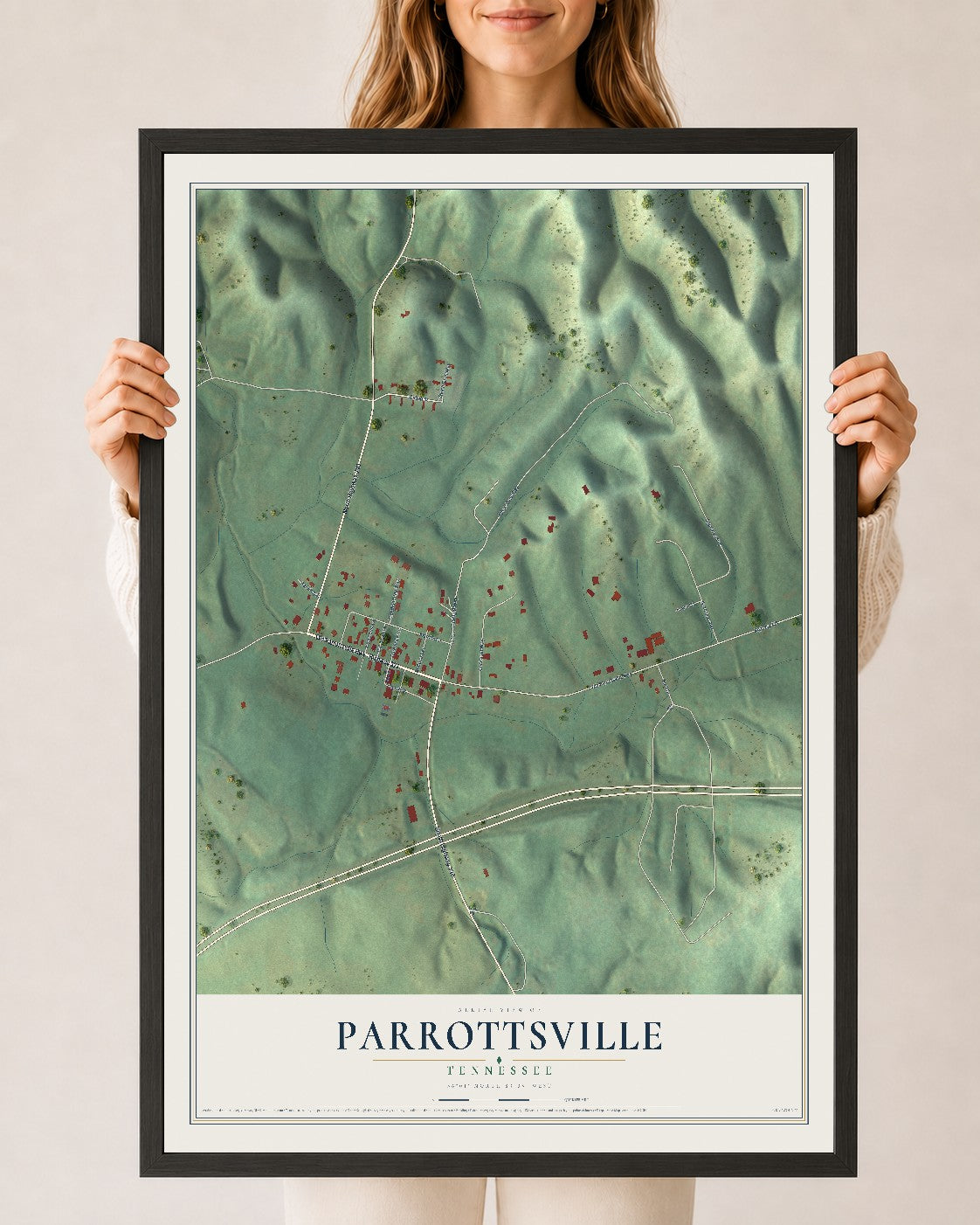 Map of Parrottsville, Tennessee, 24 x 36 inch print in a black wood frame