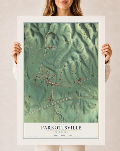 Map of Parrottsville, Tennessee, 24 x 36 inch print in a white wood frame