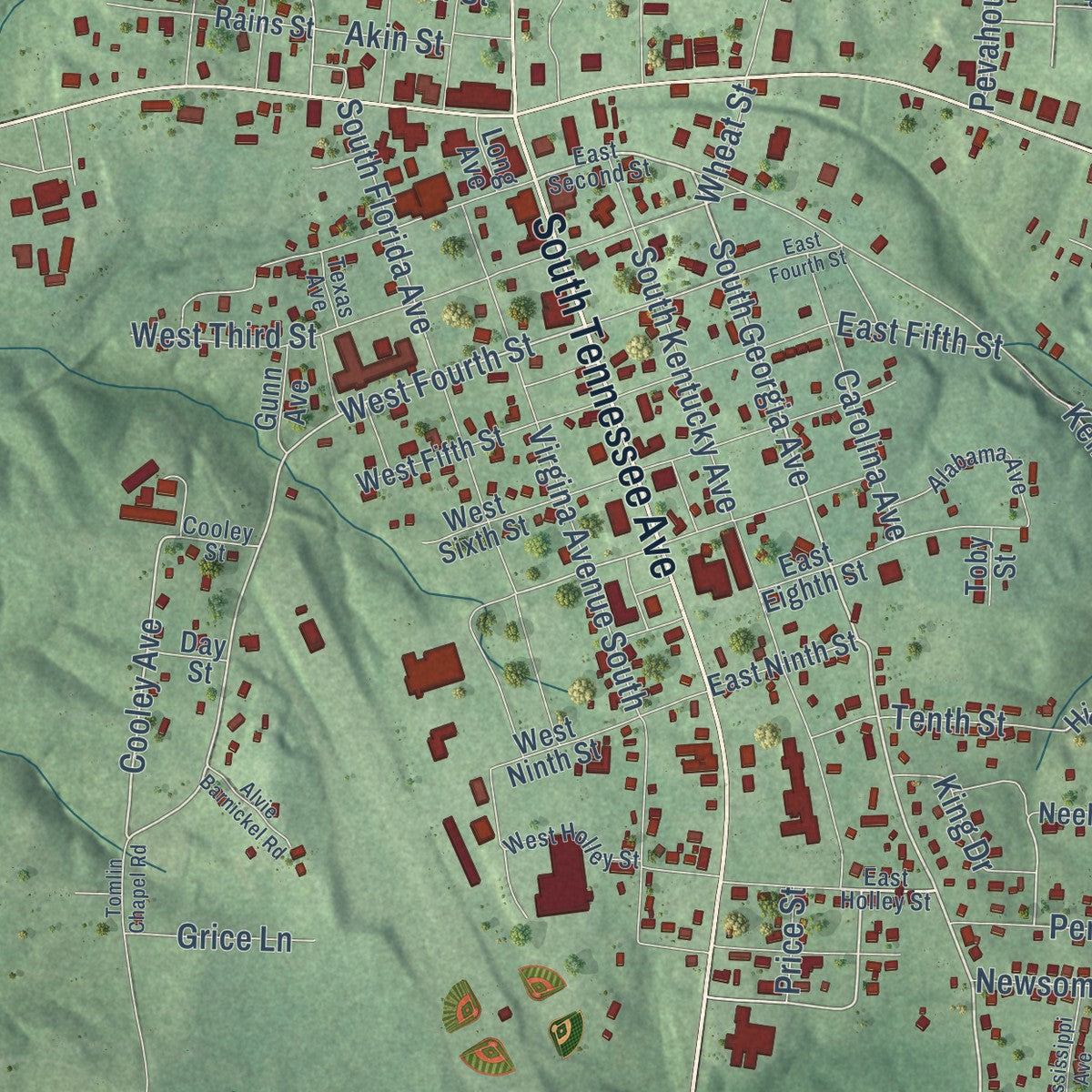Close-up of the map of Parsons, Tennessee print showing street and building detail