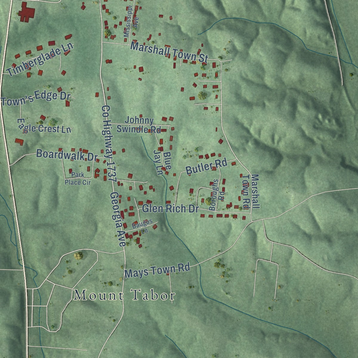 Second close-up of the map of Parsons, Tennessee print showing more streets and buildings
