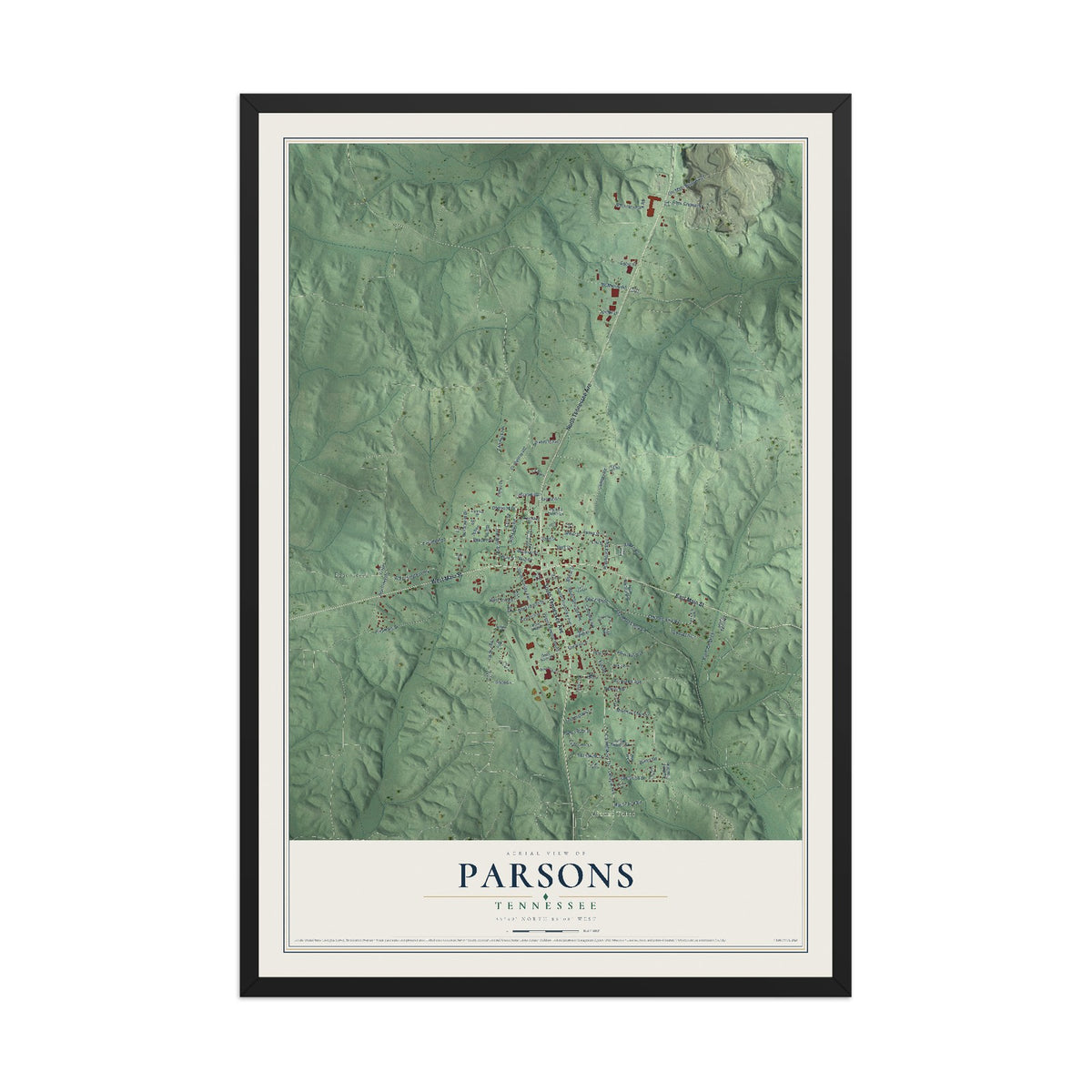 Map of Parsons, Tennessee, 12 x 18 inch print in a black wood frame