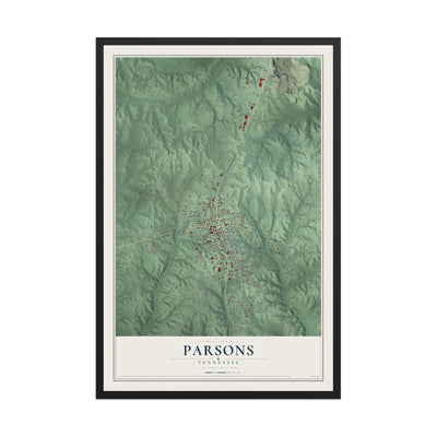 Map of Parsons, Tennessee, 12 x 18 inch print in a black wood frame