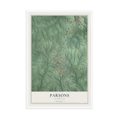 Map of Parsons, Tennessee, 12 x 18 inch print in a white wood frame
