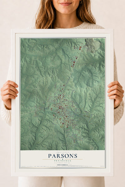Map of Parsons, Tennessee, 18 x 24 inch print in a white wood frame