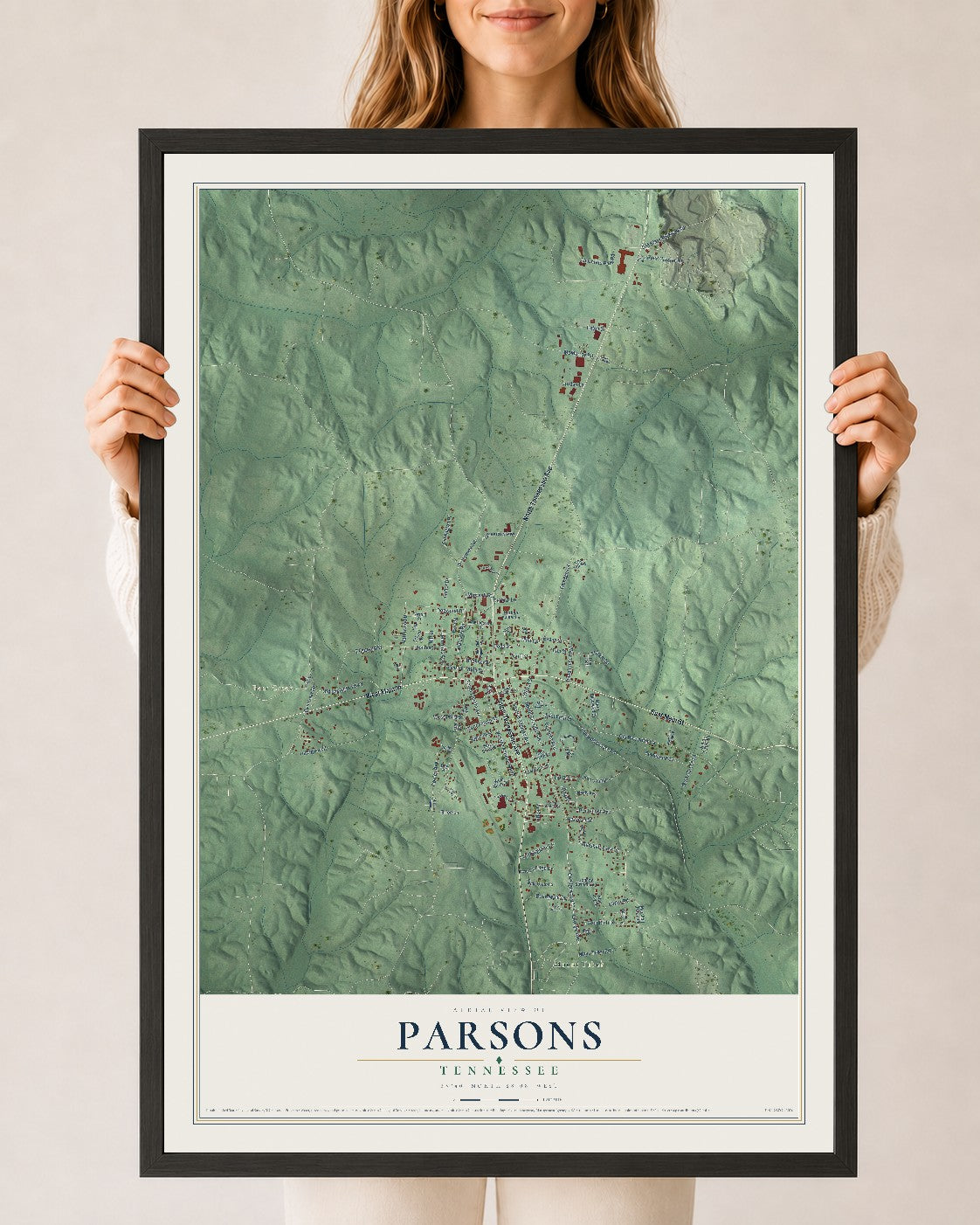 Map of Parsons, Tennessee, 24 x 36 inch print in a black wood frame