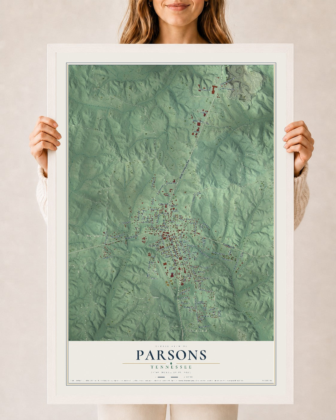 Map of Parsons, Tennessee, 24 x 36 inch print in a white wood frame