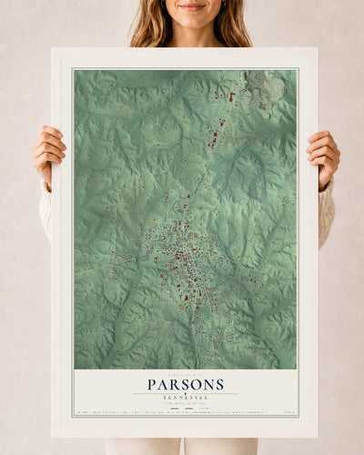 Map of Parsons, Tennessee, 24 x 36 inch print in a white wood frame
