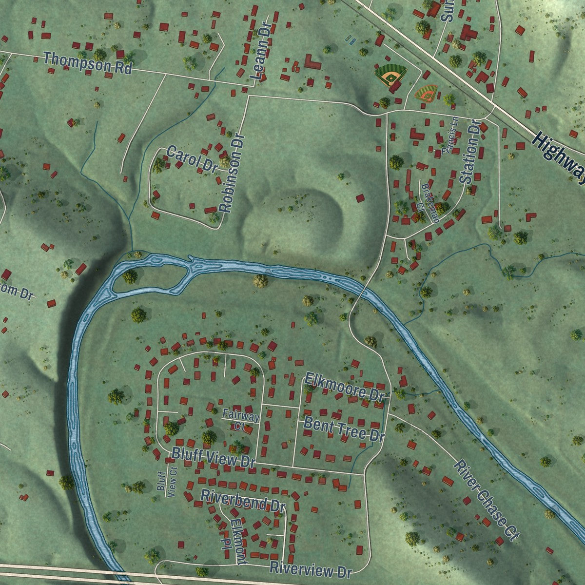 Close-up of the map of Pegram, Tennessee print showing street and building detail