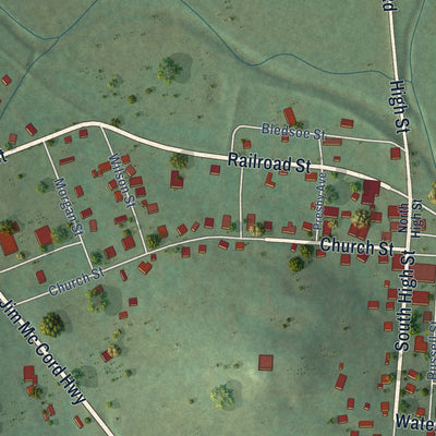 Close-up of the map of Petersburg, Tennessee print showing street and building detail