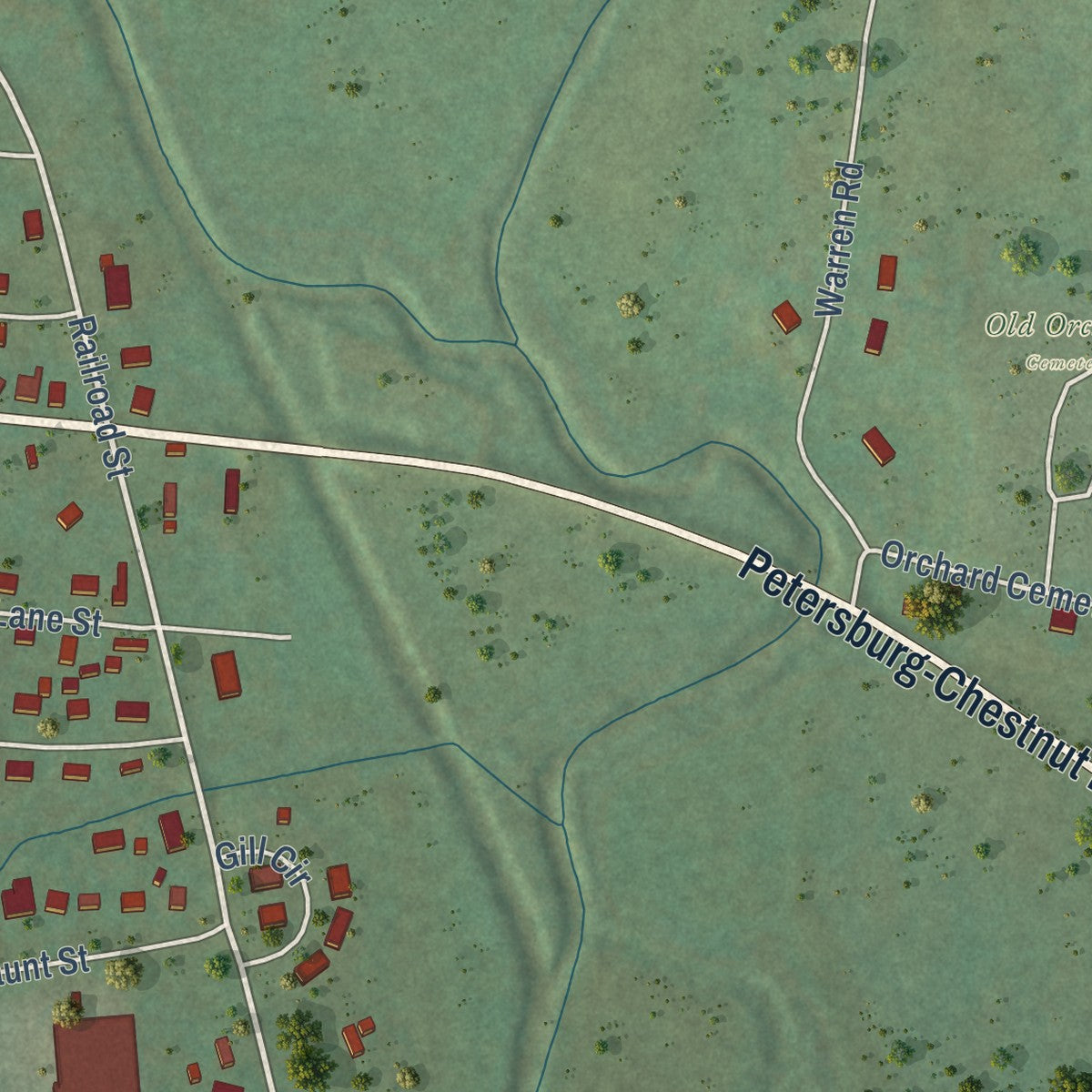 Second close-up of the map of Petersburg, Tennessee print showing more streets and buildings