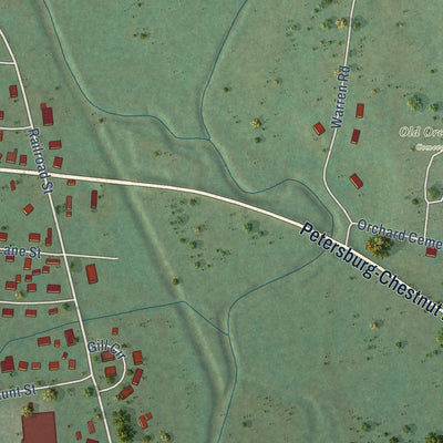 Second close-up of the map of Petersburg, Tennessee print showing more streets and buildings