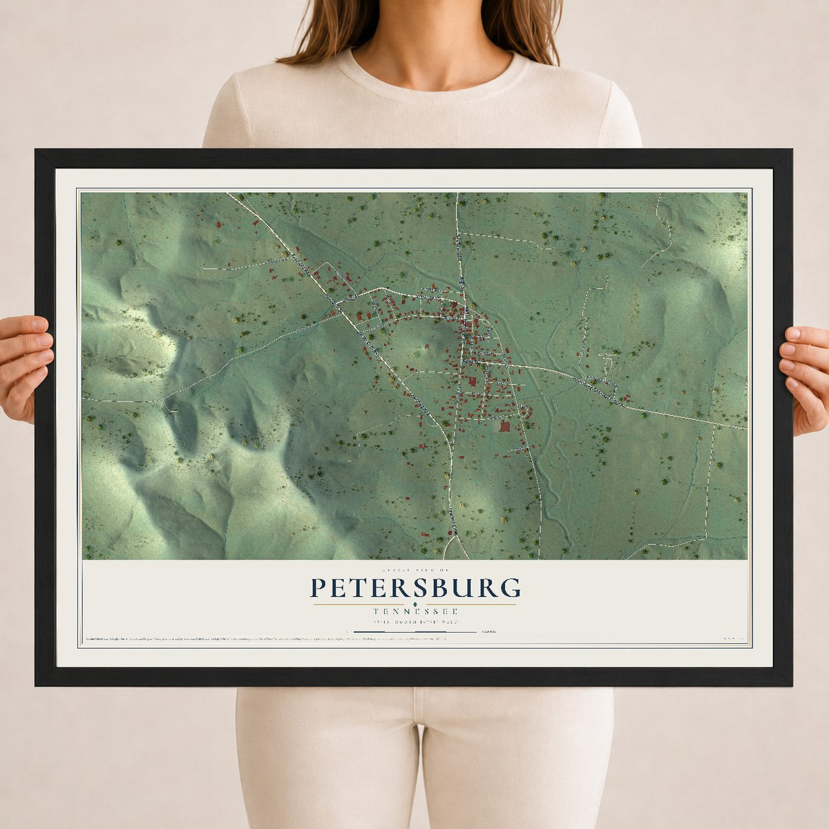 Map of Petersburg, Tennessee, 18 x 24 inch print in a black wood frame