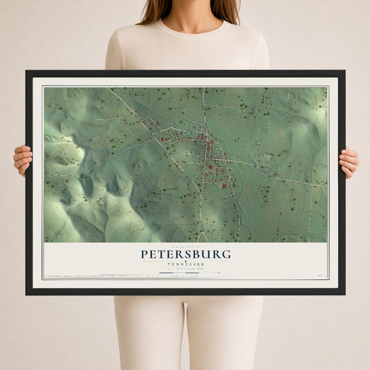 Map of Petersburg, Tennessee, 24 x 36 inch print in a black wood frame