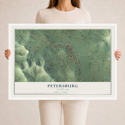 Map of Petersburg, Tennessee, 24 x 36 inch print in a white wood frame