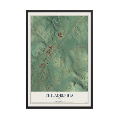 Map of Philadelphia, Tennessee, 12 x 18 inch print in a black wood frame