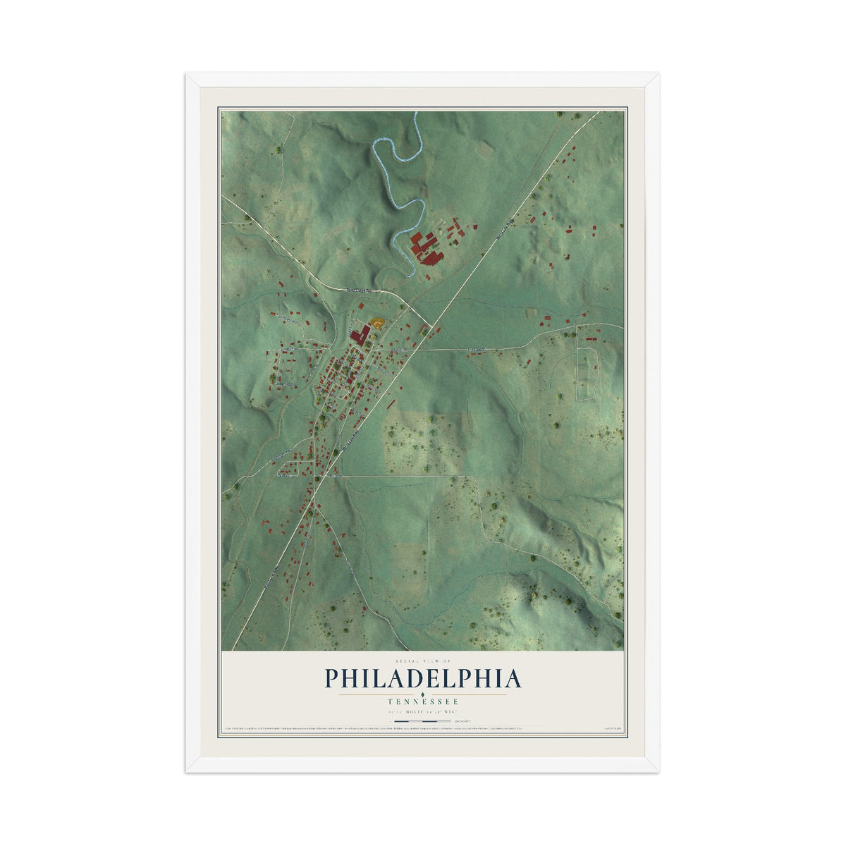 Map of Philadelphia, Tennessee, 12 x 18 inch print in a white wood frame