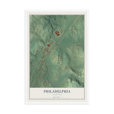 Map of Philadelphia, Tennessee, 12 x 18 inch print in a white wood frame