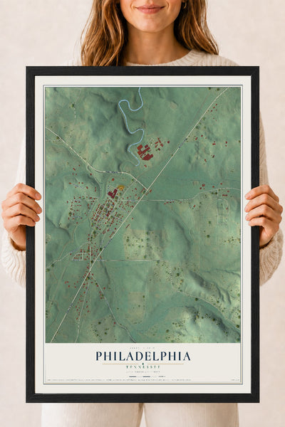 Map of Philadelphia, Tennessee, 18 x 24 inch print in a black wood frame