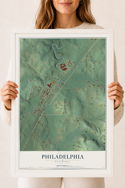 Map of Philadelphia, Tennessee, 18 x 24 inch print in a white wood frame