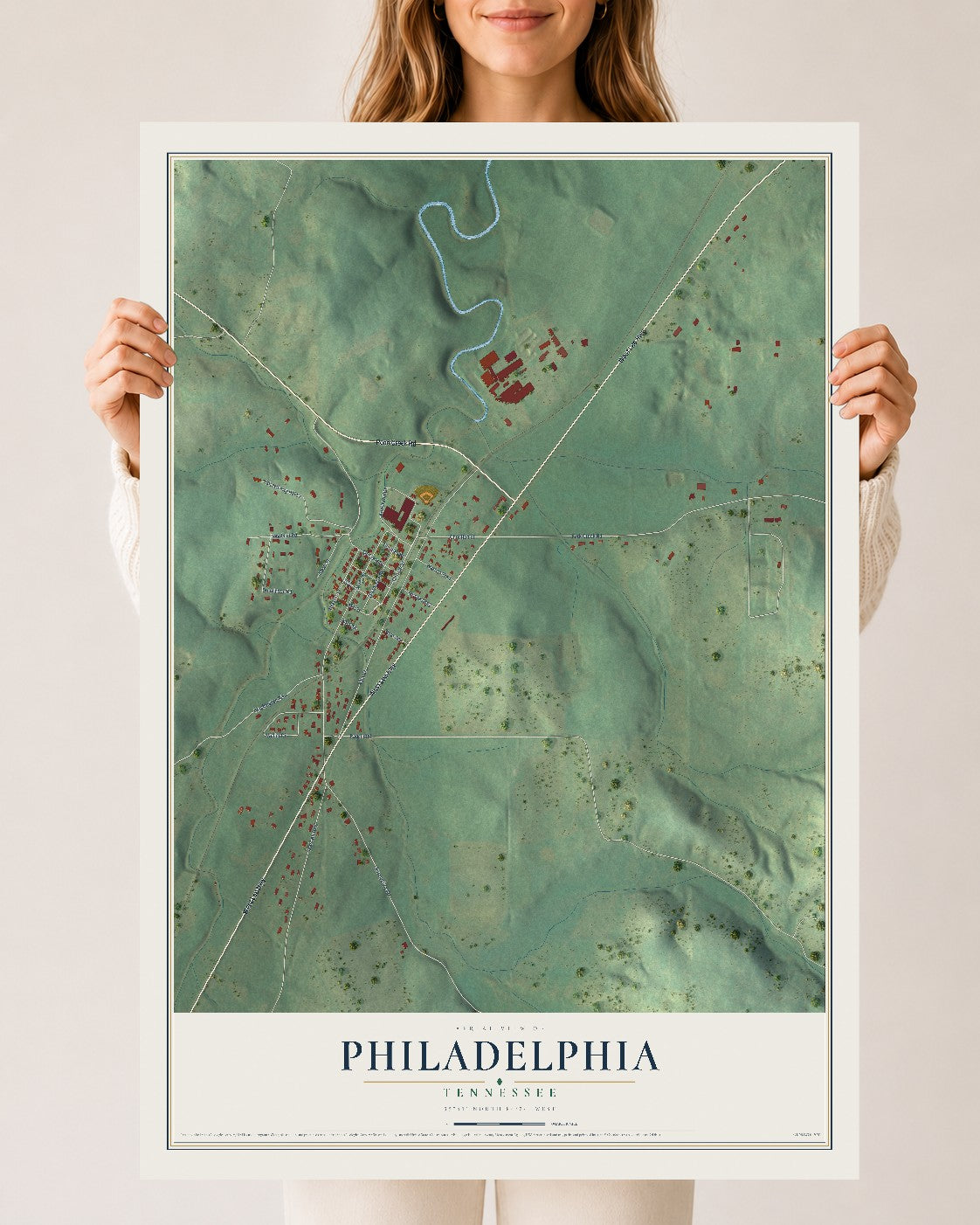 Map of Philadelphia, Tennessee, 24 x 36 inch unframed archival matte print