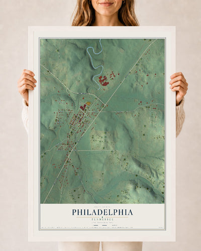 Map of Philadelphia, Tennessee, 24 x 36 inch print in a white wood frame
