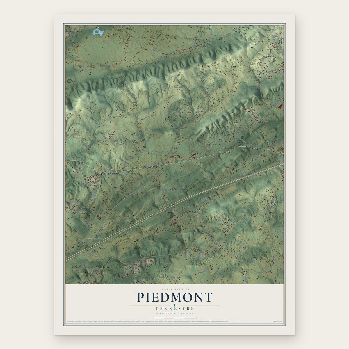 Piedmont, Tennessee map print, the full design
