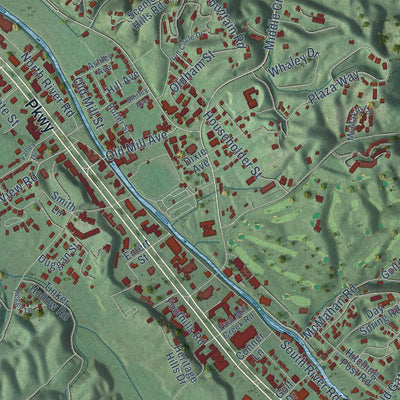 Close-up of the map of Pigeon Forge, Tennessee print showing street and building detail