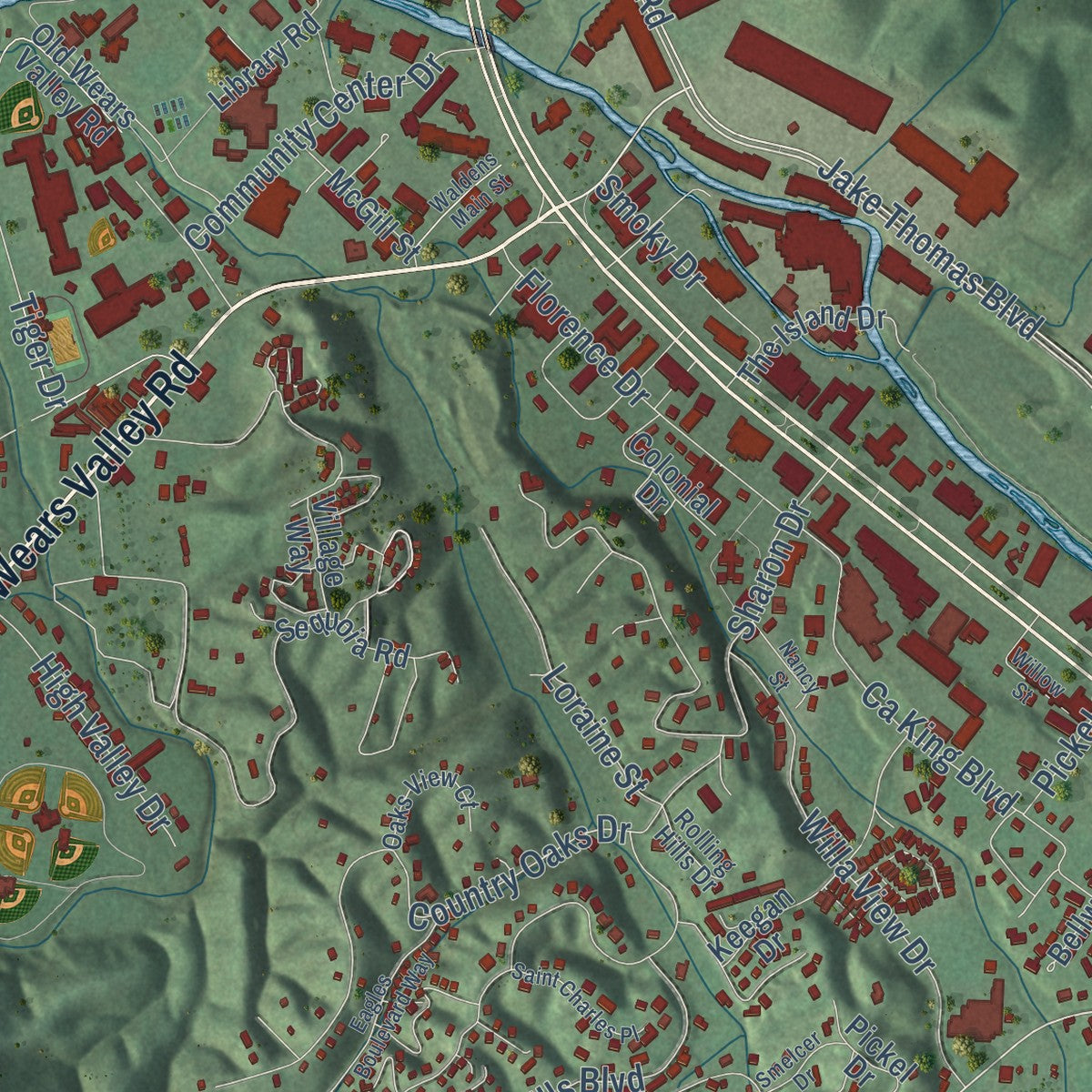 Second close-up of the map of Pigeon Forge, Tennessee print showing more streets and buildings