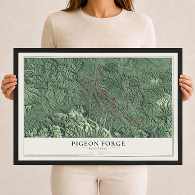 Map of Pigeon Forge, Tennessee, 12 x 18 inch print in a black wood frame