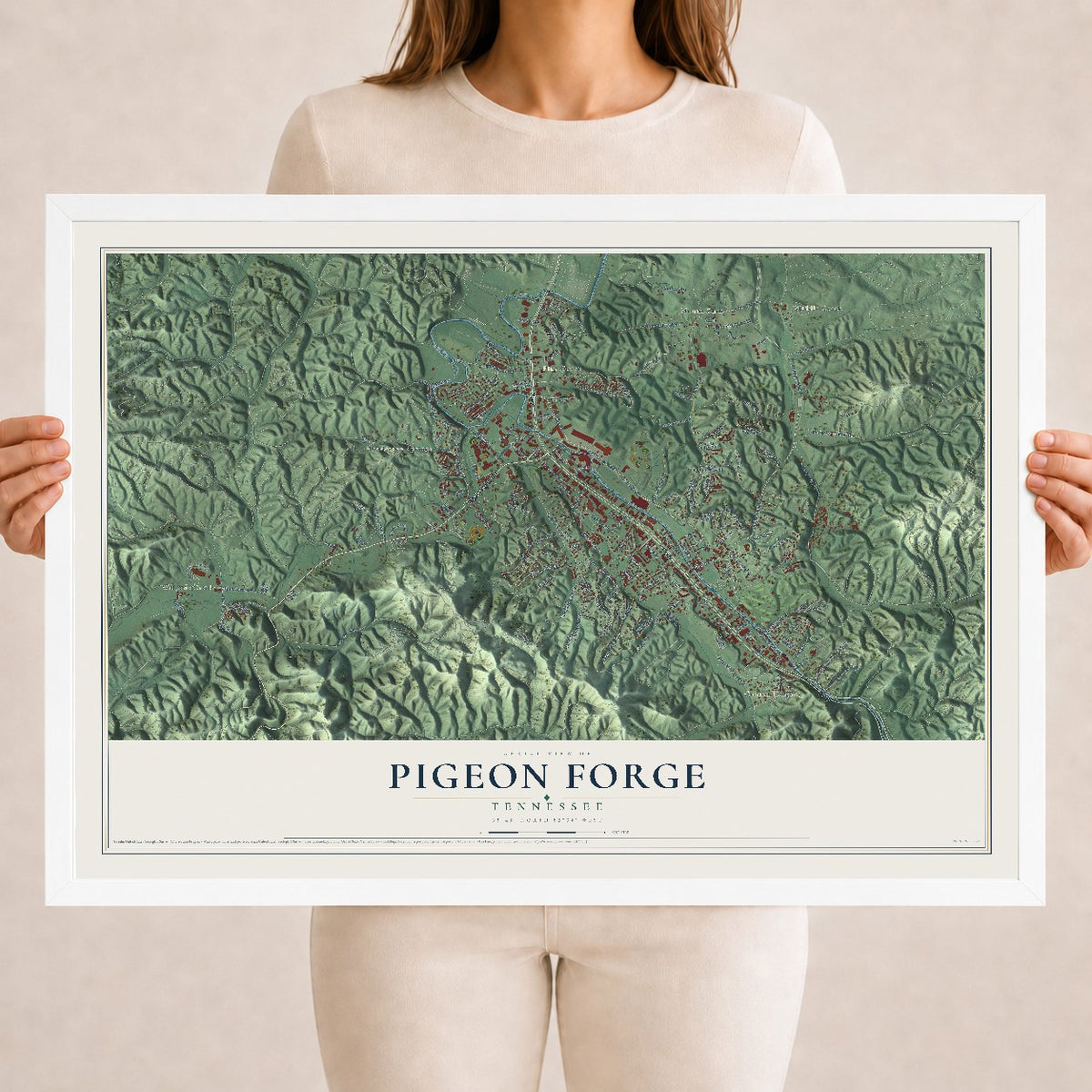 Map of Pigeon Forge, Tennessee, 18 x 24 inch print in a white wood frame