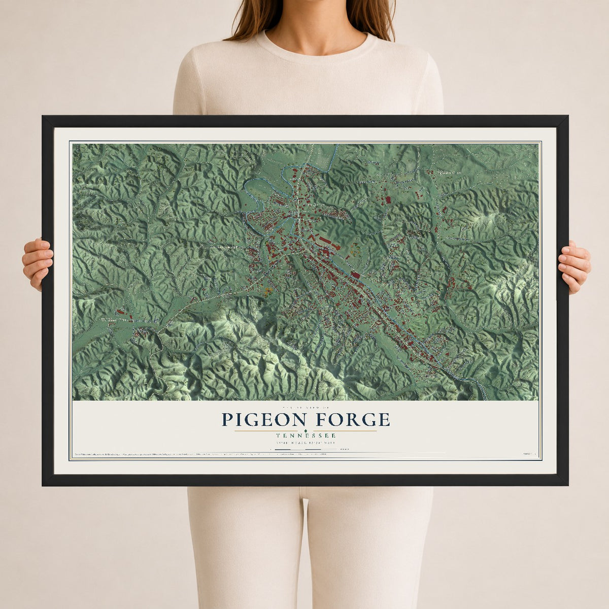 Map of Pigeon Forge, Tennessee, 24 x 36 inch print in a black wood frame