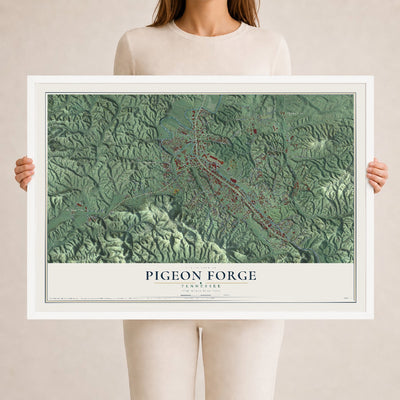 Map of Pigeon Forge, Tennessee, 24 x 36 inch print in a white wood frame