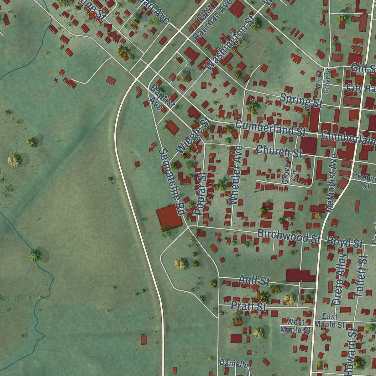 Close-up of the map of Pikeville, Tennessee print showing street and building detail