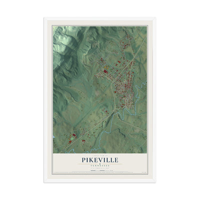Map of Pikeville, Tennessee, 12 x 18 inch print in a white wood frame