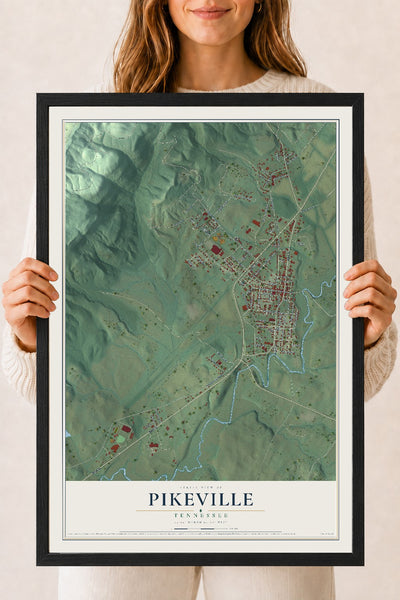 Map of Pikeville, Tennessee, 18 x 24 inch print in a black wood frame