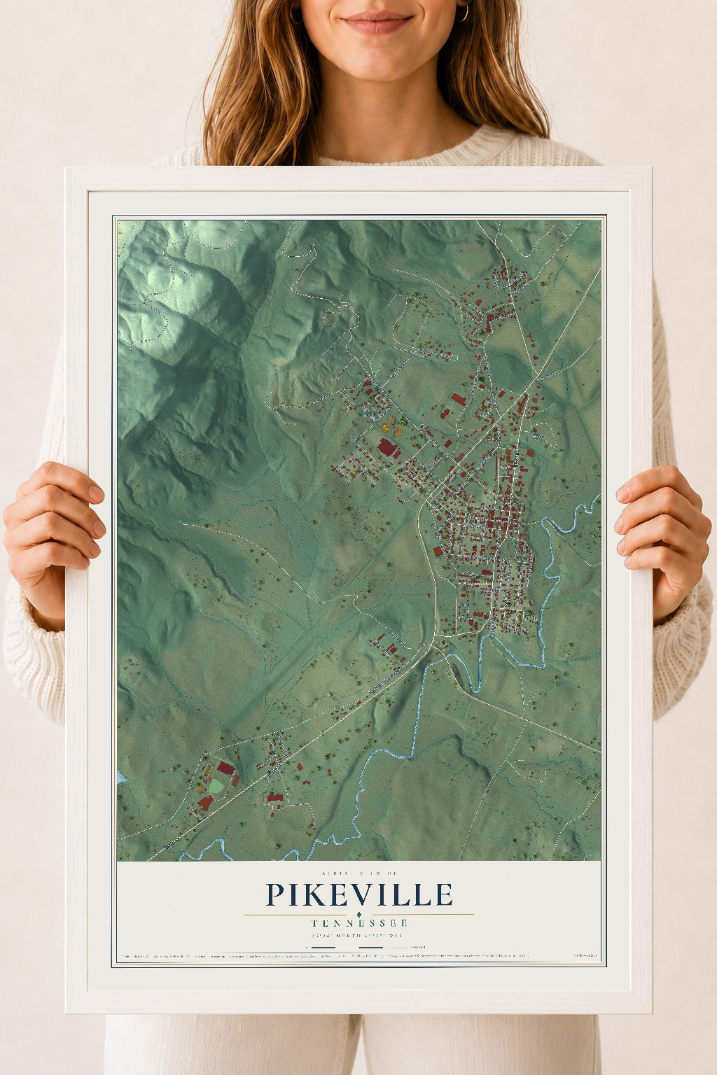 Map of Pikeville, Tennessee, 18 x 24 inch print in a white wood frame