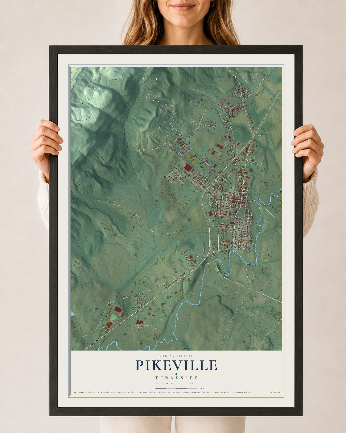Map of Pikeville, Tennessee, 24 x 36 inch print in a black wood frame