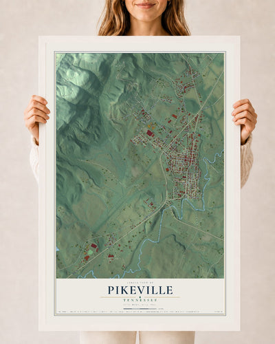 Map of Pikeville, Tennessee, 24 x 36 inch print in a white wood frame