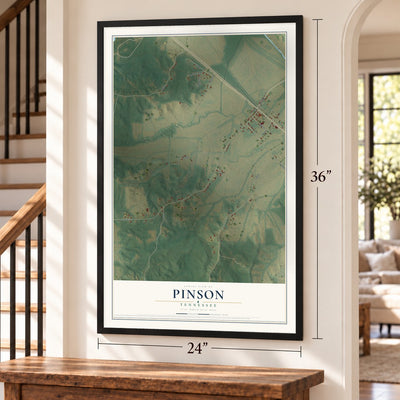 Pinson, Tennessee map, 24 x 36 inch print in a black frame by a staircase