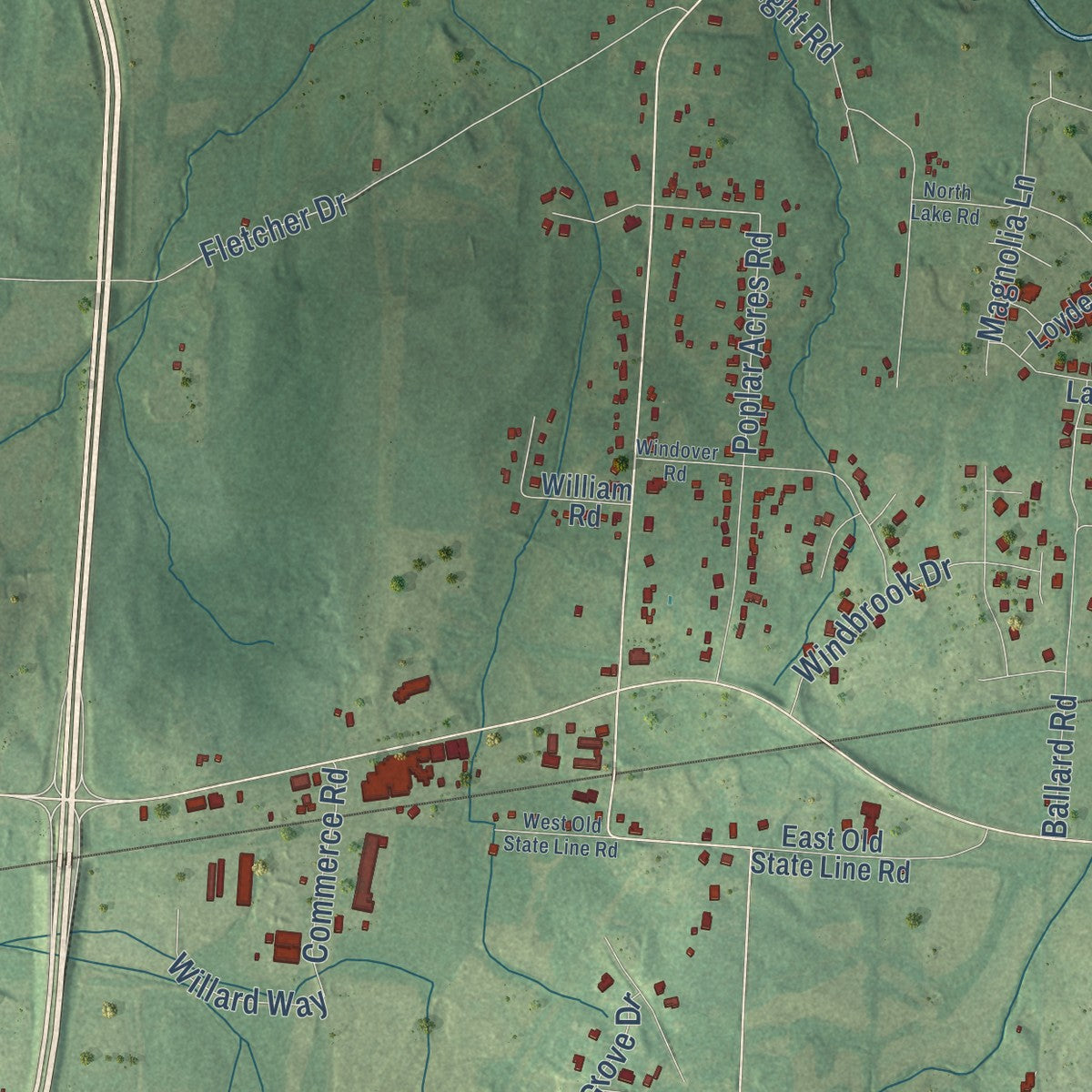 Close-up of the map of Piperton, Tennessee print showing street and building detail