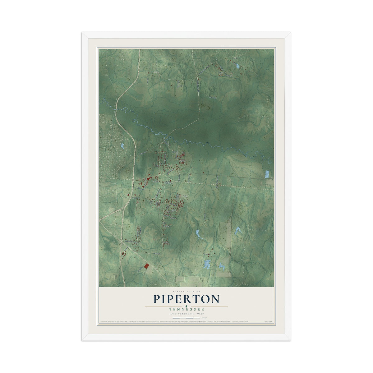 Map of Piperton, Tennessee, 12 x 18 inch print in a white wood frame