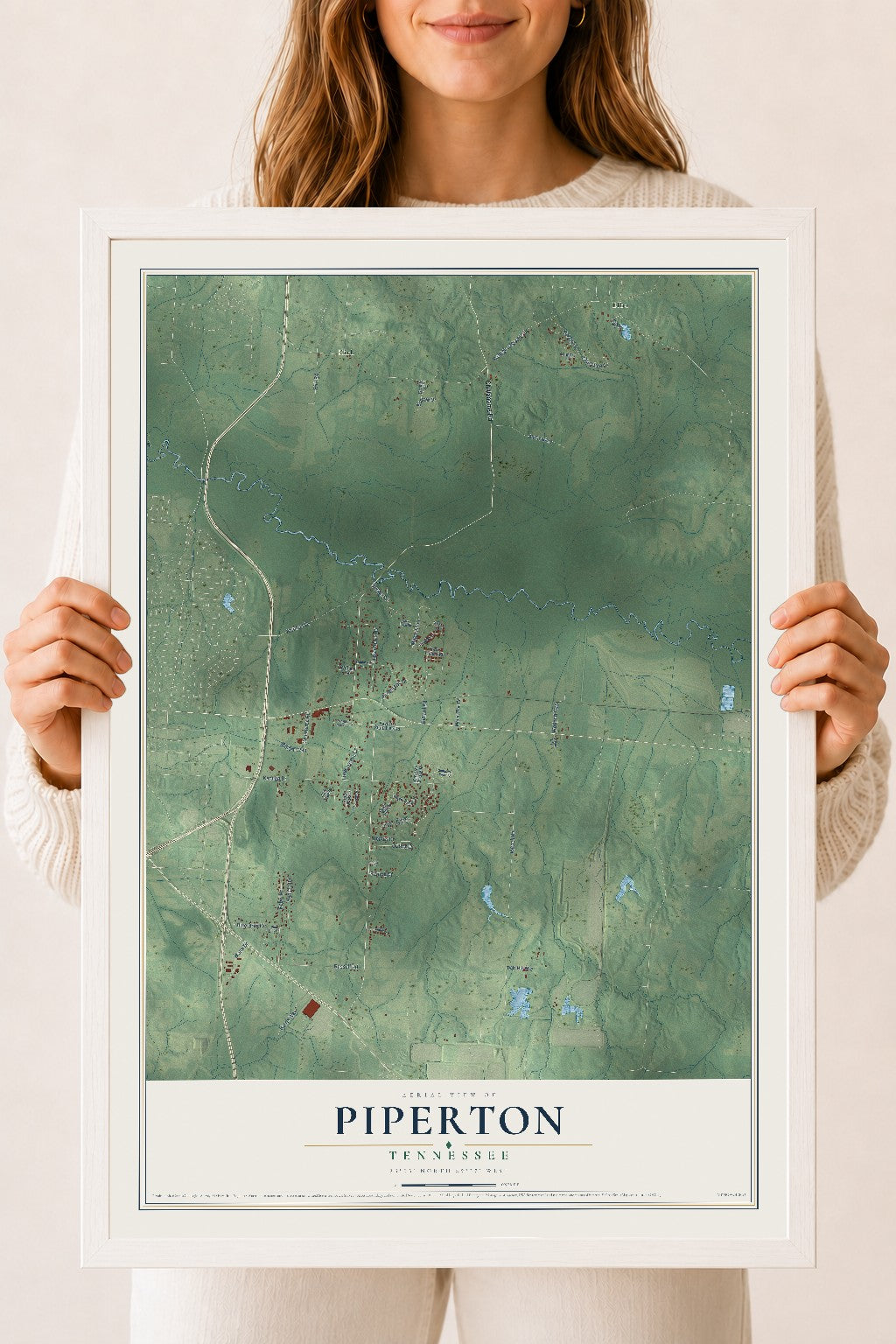 Map of Piperton, Tennessee, 18 x 24 inch print in a white wood frame