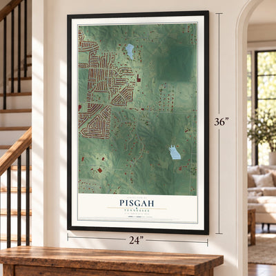 Pisgah, Tennessee map, 24 x 36 inch print in a black frame by a staircase