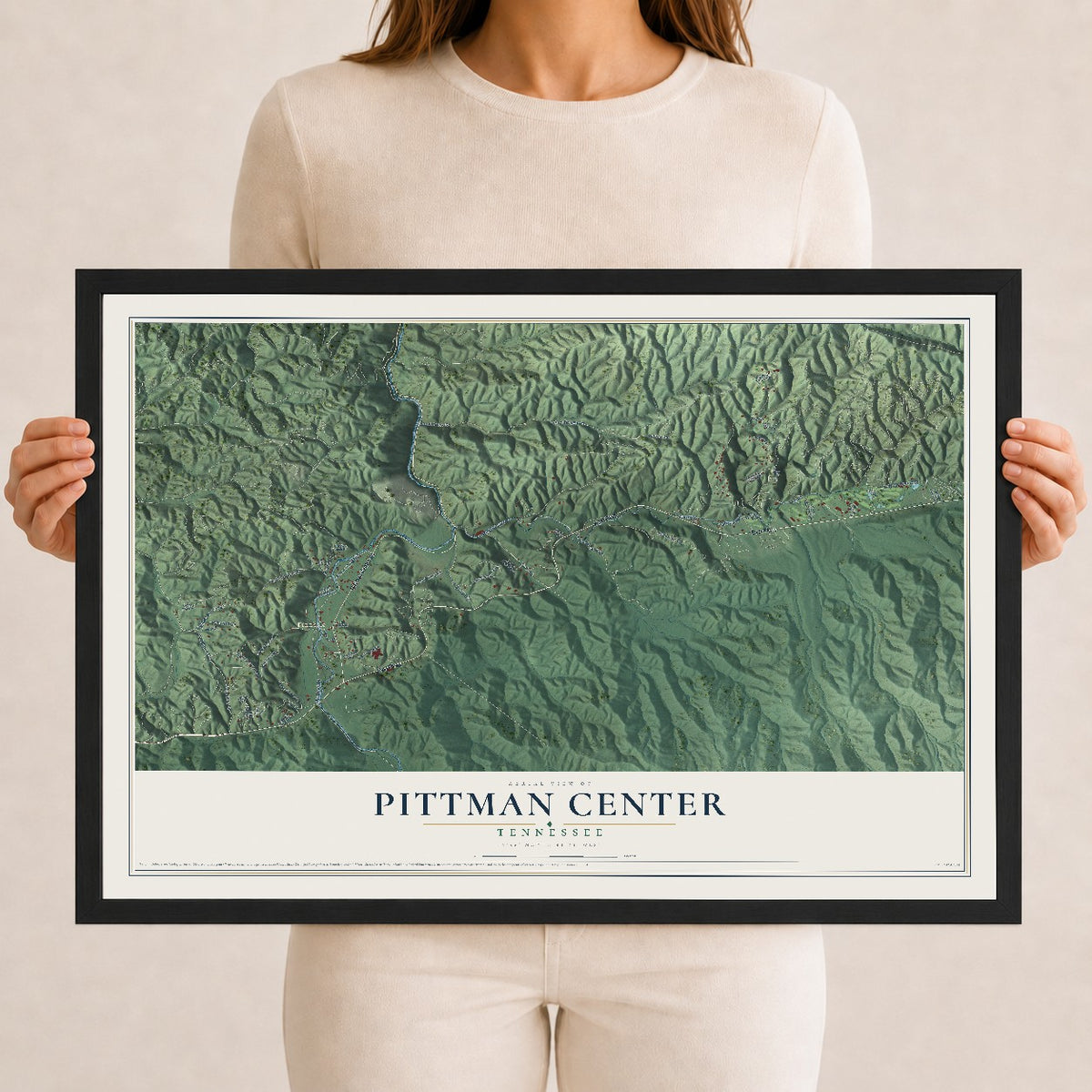 Map of Pittman Center, Tennessee, 12 x 18 inch print in a black wood frame