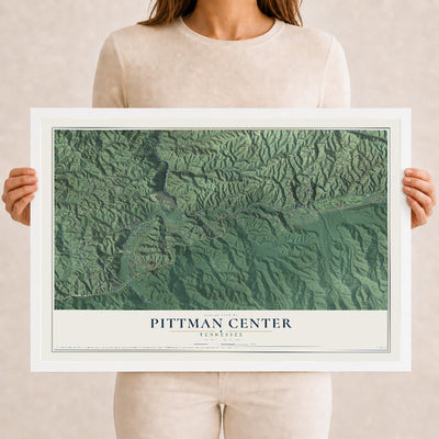 Map of Pittman Center, Tennessee, 12 x 18 inch print in a white wood frame