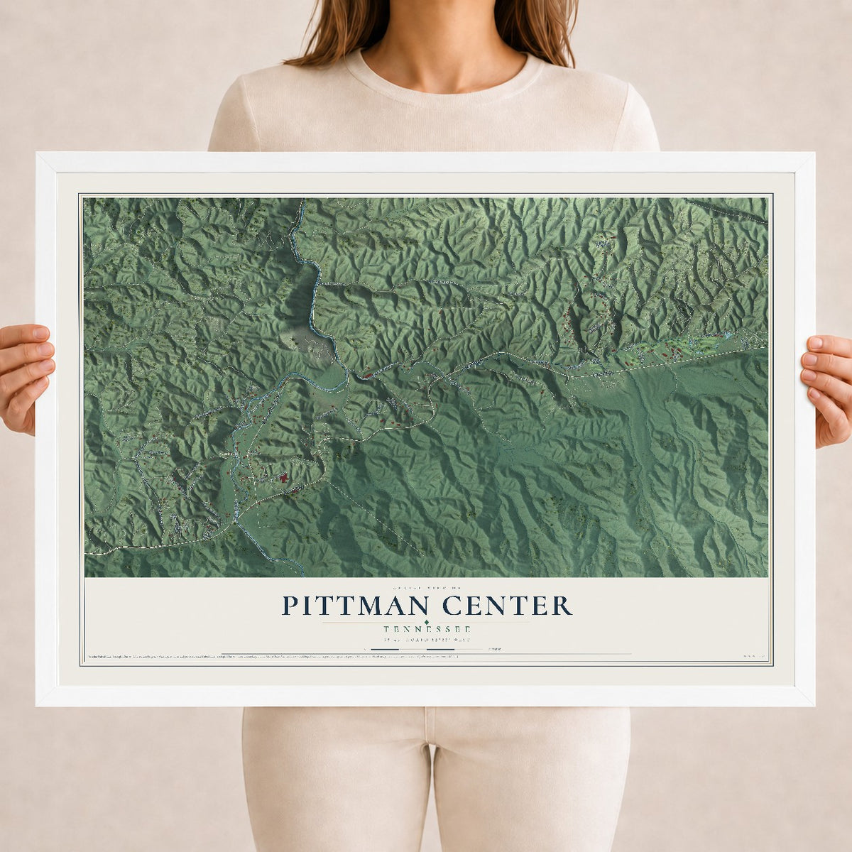 Map of Pittman Center, Tennessee, 18 x 24 inch print in a white wood frame