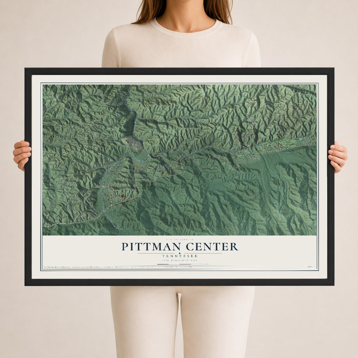 Map of Pittman Center, Tennessee, 24 x 36 inch print in a black wood frame