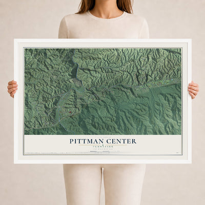Map of Pittman Center, Tennessee, 24 x 36 inch print in a white wood frame
