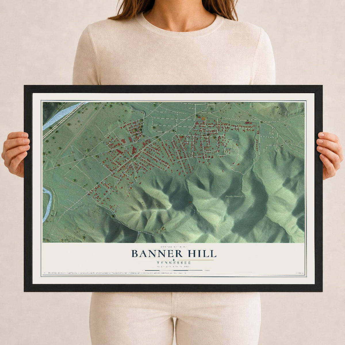 Map of Banner Hill, Tennessee, 12 x 18 inch print in a black wood frame