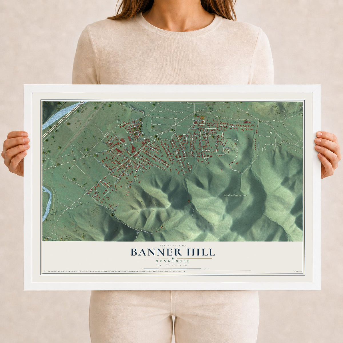 Map of Banner Hill, Tennessee, 12 x 18 inch print in a white wood frame